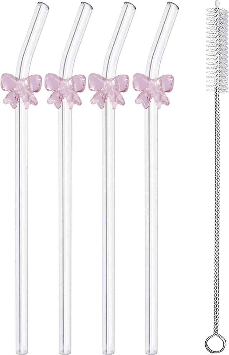 HHHK - 4 stuks Herbruikbare Glazen Rietjes met Strik Roze - Rietjes glas - Duurzaam - Doorzichtig - Transparant met roze - Met Borsteltje