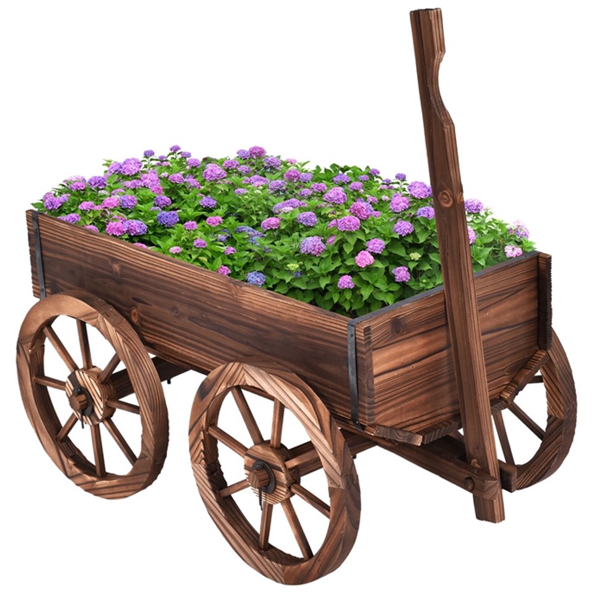 KOMFOTTEU Bloemenwagen, bloembak met wagenwiel, plantenbak van massief hout, plantenkruiwagen met handgreep, bloembakken met ventilatiegaten, voor tuin, balkon en terras