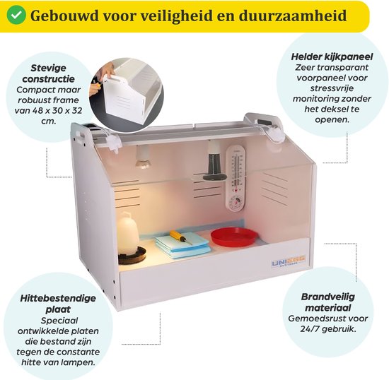 UniEgg Compleet Couveuse (S) voor Kuikens / Reptielen - Small 48cm x 30cm x 32cm (LxBxH) - Opfokkooi - Brooder - inclusief accessoires warmtelampen, dimmer, drinkbak, voerschaal, thermometer, makkelijk en snel bouwpakket - kuikenkooi - kuikenhok