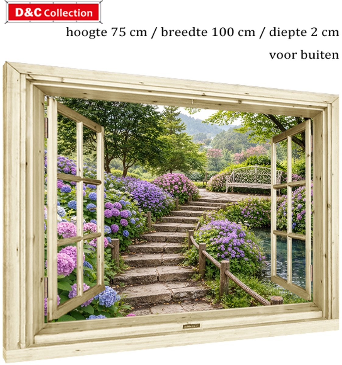 D&C Collection Buitencanvas doorkijk venster bospad - 75x100x2 cm - tuinposter doorkijk bloemen - tuindoek op houten frame - nostalgisch venster - bos - hortensia's langs bospad - beek - ijzeren bankje - romantisch roze, groen