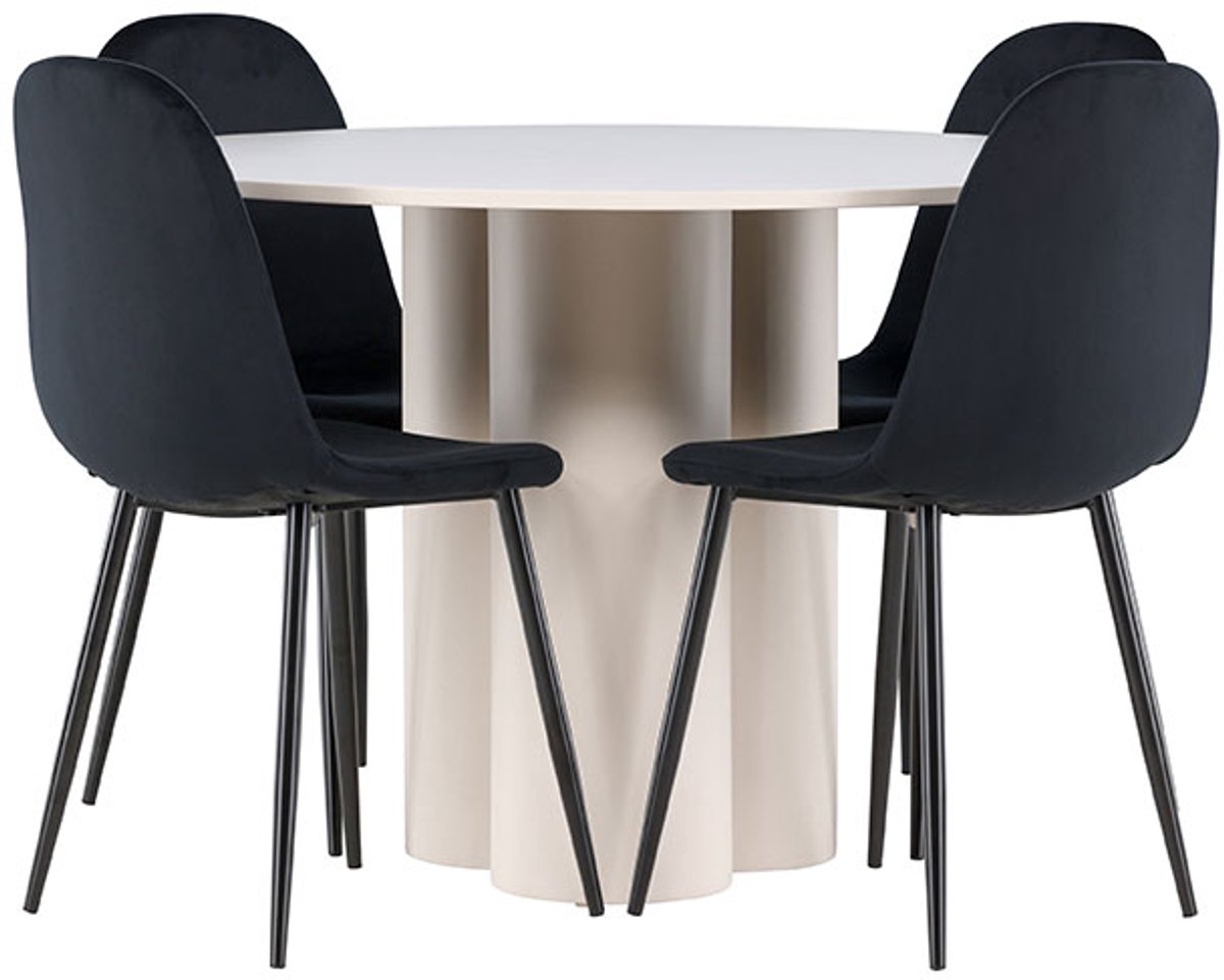 Olivia eethoek tafel Ø110cm en 4 velours stoelen beige.