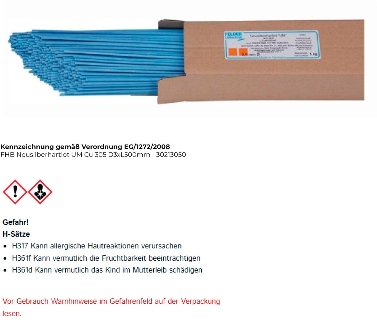 FHB Nikkel-zilver hardsoldeer UM Cu 305 D3xL500 mm - 30213050