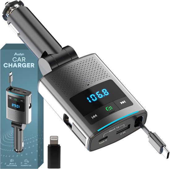 Audyn Bluetooth Transmitter - Autolader - 80W - FM Transmitter - USB C & 8-pin - Auto Oplader - Carkit