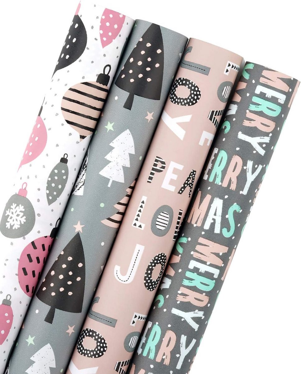 4 Rollen Kraft inpakpapier Roze en Grijs voor Cadeaus en Decoratie - 30 x 120 cm