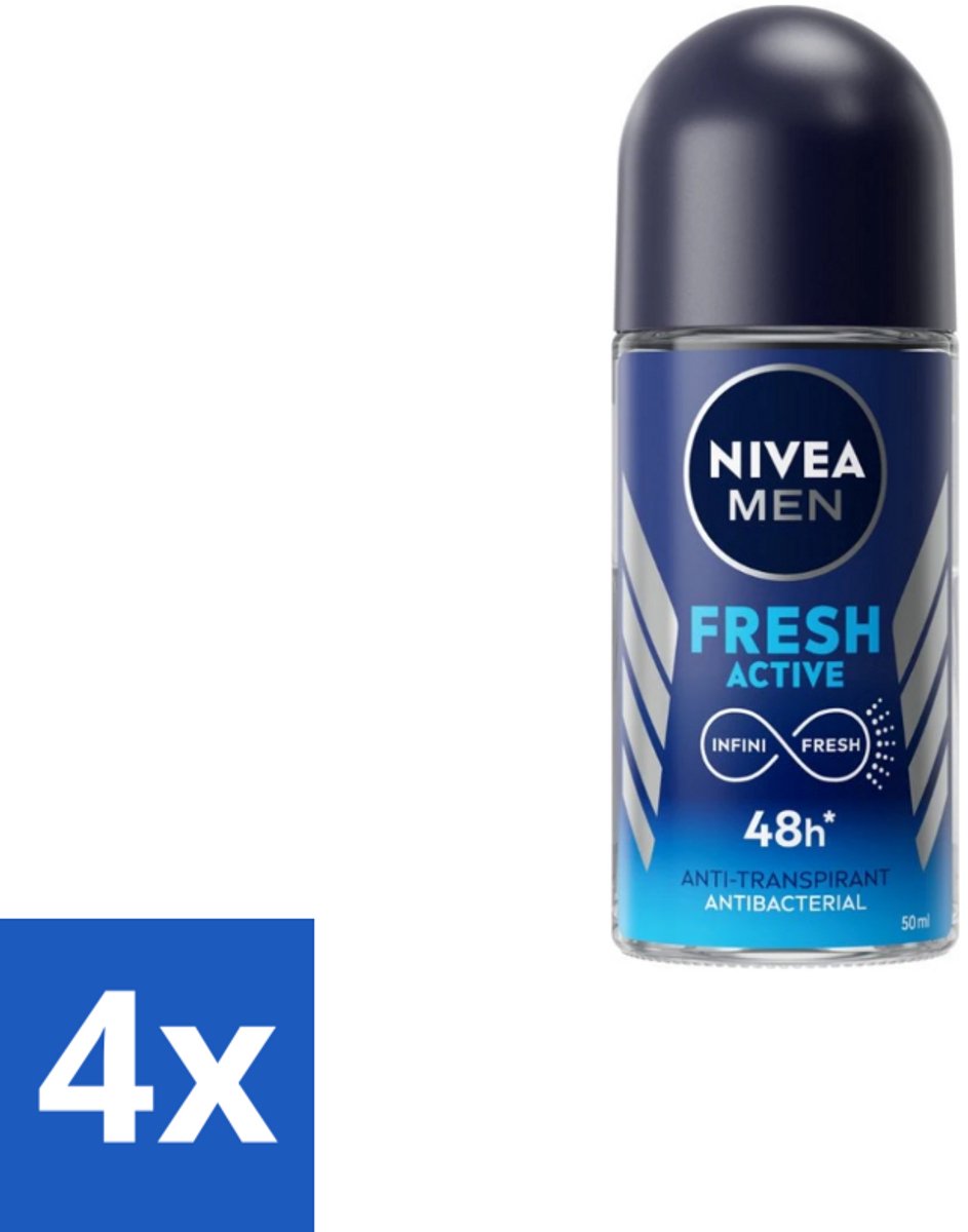 4 x Nivea Men – Deodorant Roller – Fresh Active – 50 ml - 72 Uur Bescherming - Deodorant Roller - Zweet En Geur Bescherming - Alcoholvrije Deodorant - Huidvriendelijk