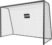 Zwart VirtuFit voetbaldoel met zeshoekig net, vanuit een hoek gefotografeerd.