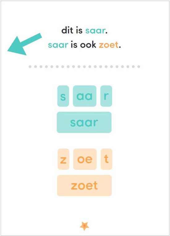 Afbeelding met de tekst 'dit is saar. saar is ook zoet.' met letters en de woorden saar en zoet.