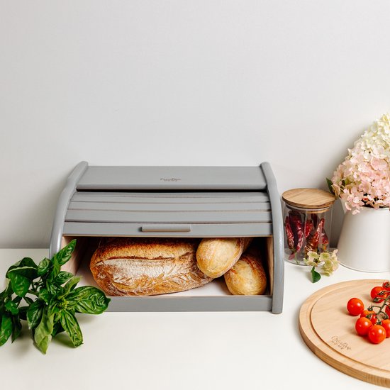 Creative Home Boîte à Pain en Bois Grijs | 38 x 28,5 x 17,5 cm (+/- 1 cm) | Bois de hêtre naturel | Conteneur avec Rolltop | Boîte à pain pour chaque Cuisine | Perfect pour les aliments secs