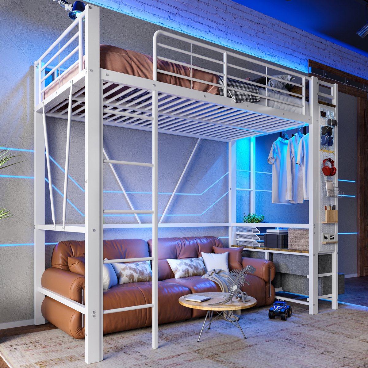 OKWISH Hoogslaper 90x200cm - LED Sfeerverlichting Met USB & Type-C - Met Hangstang En 4 Laden - Voor Kleine Slaapkamers - Metaal;MDF - Wit - Zonder matras