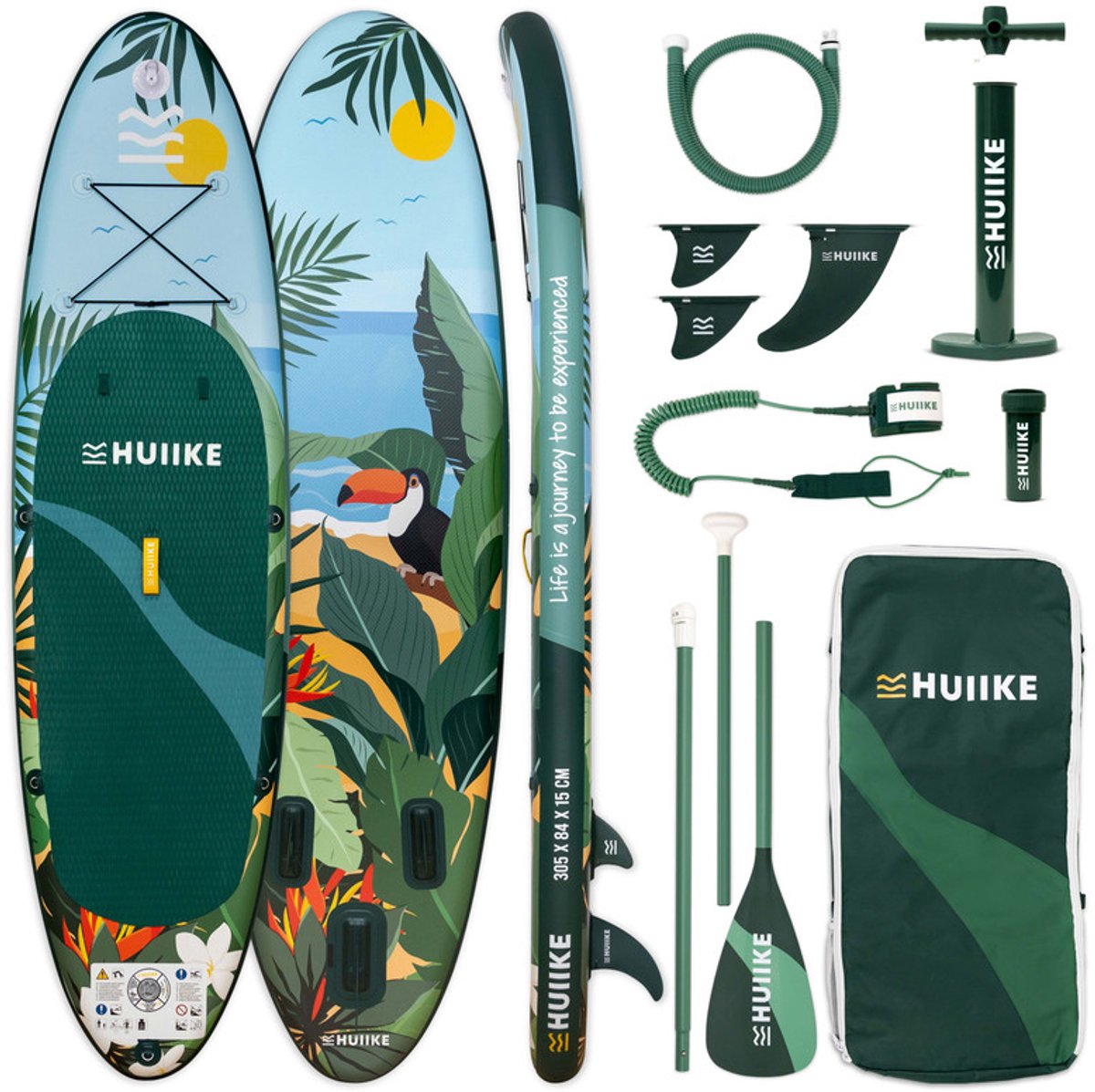HUIIKE SUP Board - Opblaasbaar Paddle Board met Accessoires, Peddel, Vinnen, Pomp - Stand Up Paddle met Hoge Stabiliteit - 305 x 84 x 15 cm - Max. 130 kg