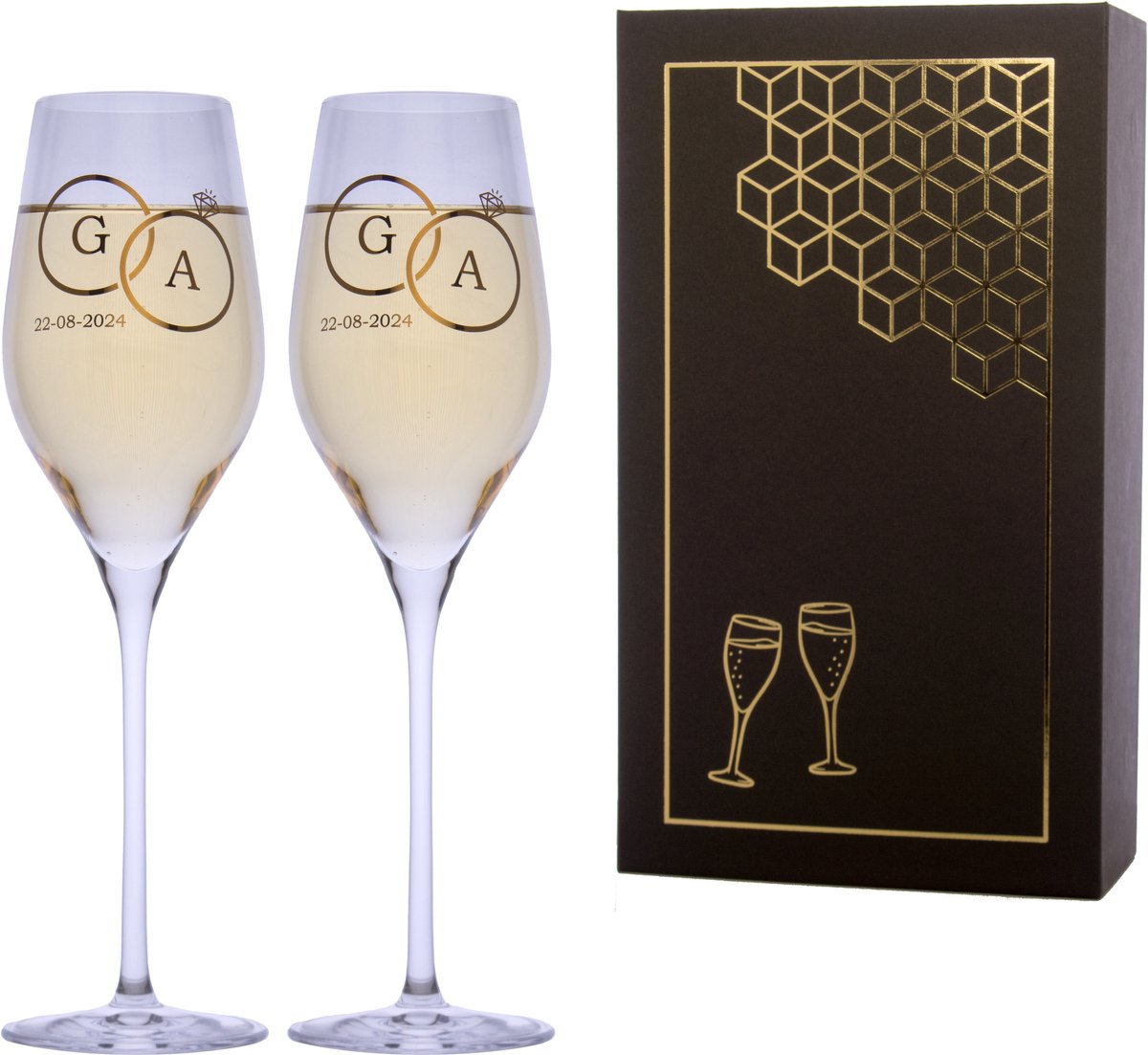 Set champagneglazen - Rings - gepersonaliseerde gouden opdruk - initialen & datum - kristal - huwelijk - bruiloft - bruidspaar - feest - cadeau - champagneglas - origineel - verloving - jubileum