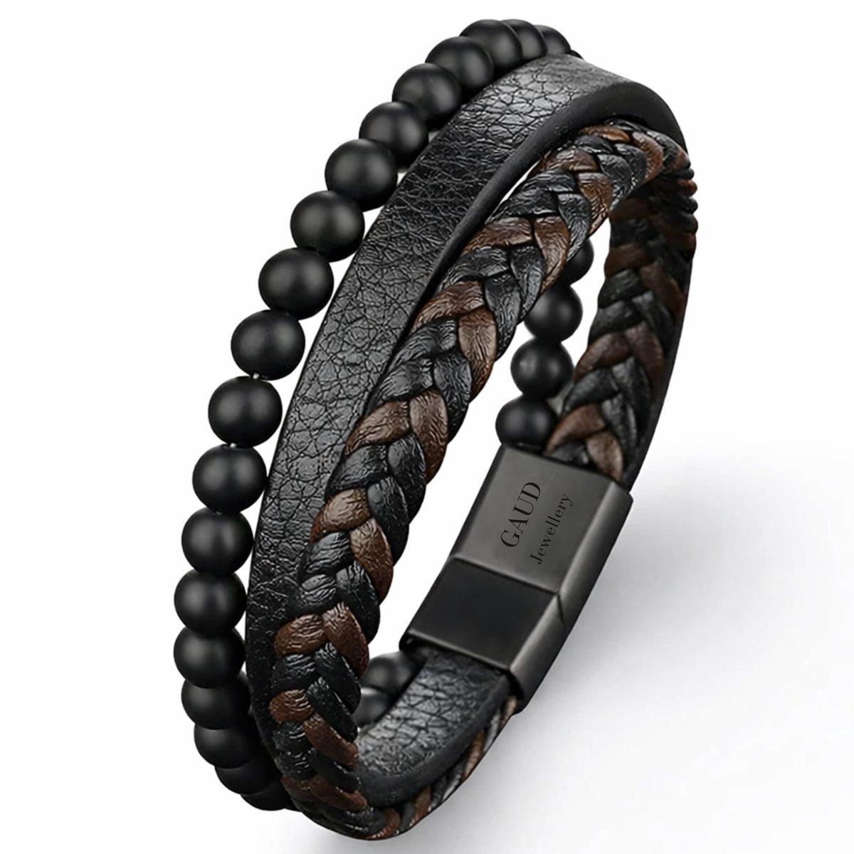 Leren Armband Heren 21 cm - Zwart & Bruin Gevlochten Leer met Kralen - Stainless Steel Magneetsluiting - Meerlaagse Herenarmband - Perfect als Cadeau