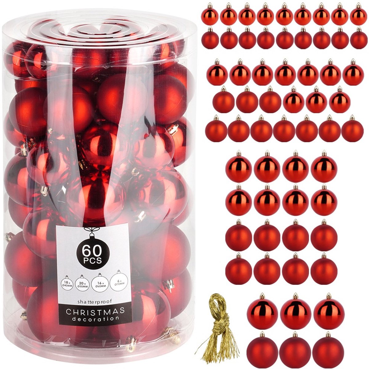 Onbreekbare Kerstballen Set Rood - 60 stuks - Mix Ø 4, 5, 6 & 7 cm - Kunststof Kerstballen