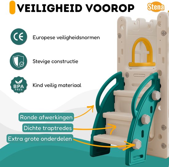 Wit en groen speeltoestel met trap, ronde afwerkingen, dichte treden en extra grote onderdelen.