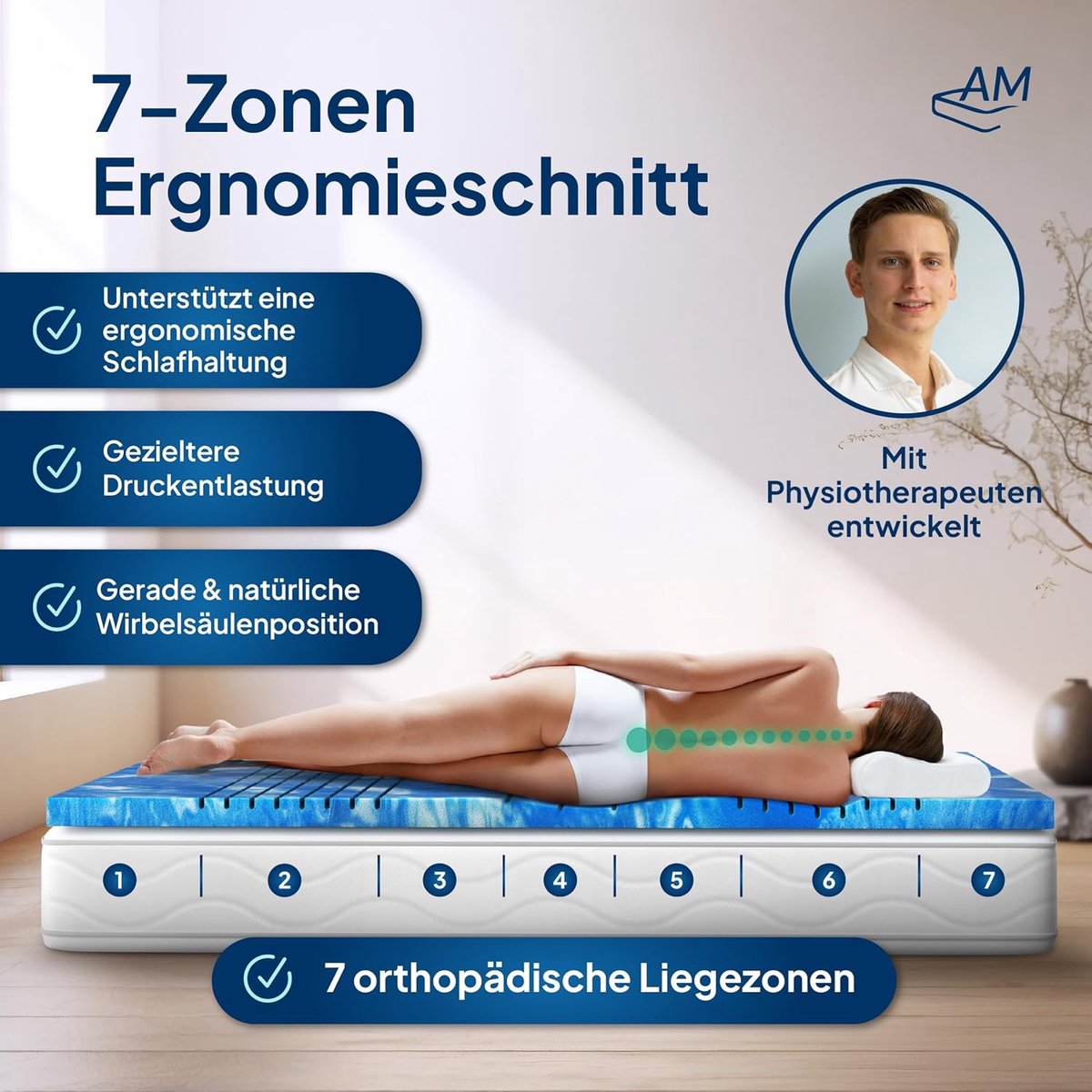 Gelschuim Matrastopper 80x200 cm 8 cm Hoog – 7 Zones Deluxe Drukverlagende Topper RG50 – Ademend & Antislip – Wasbare Lyocell Overtrek – Pauwhome