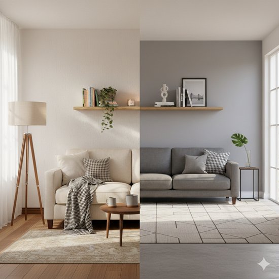 Twee woonkamers naast elkaar: één met lichte bank en houten vloer, de ander met grijze bank en betonnen vloer.