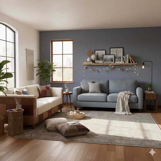 Gezellige woonkamer met een tweepersoonsbank van stof in beige en bruin patchwork, en een blauwgrijze bank.
