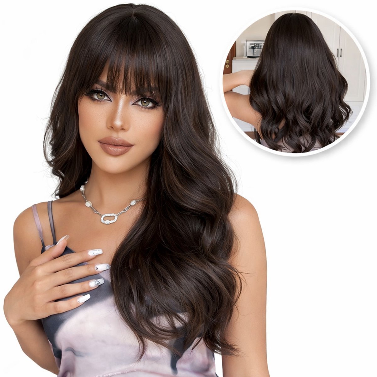 SassyGoods Bruine Pruik Bruin - Pruiken Dames Lang Haar - Wig - Haarwerk - Wasbaar - Chocolade Kastanje Donkerbruin - 60 cm