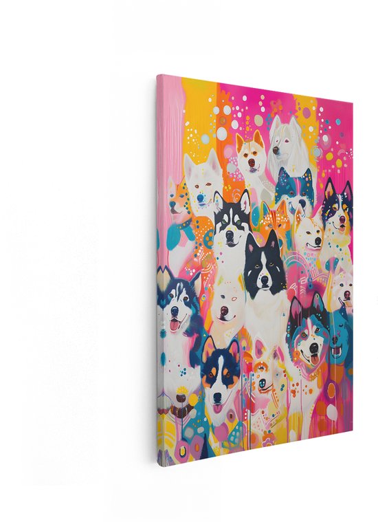 Artaza Canvas Schilderij Honden - 40x60 cm - Wanddecoratie Kleurrijk - Muurdecoratie Pop Art - Decoratie Husky Roze