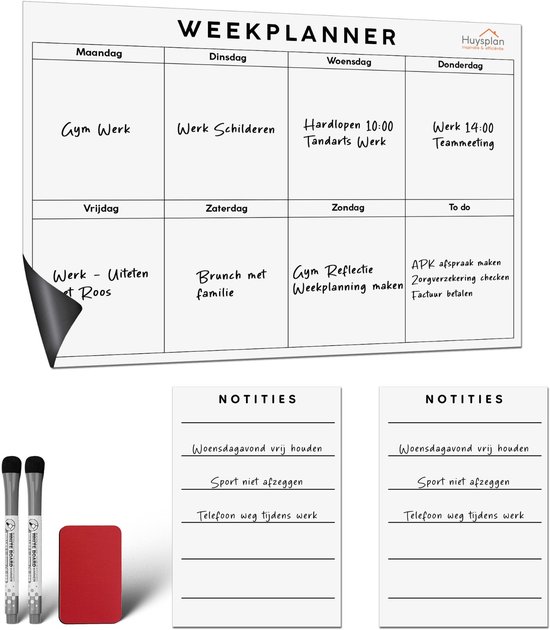 Huysplan weekplanner met taken en notities, inclusief stiften en wisser.