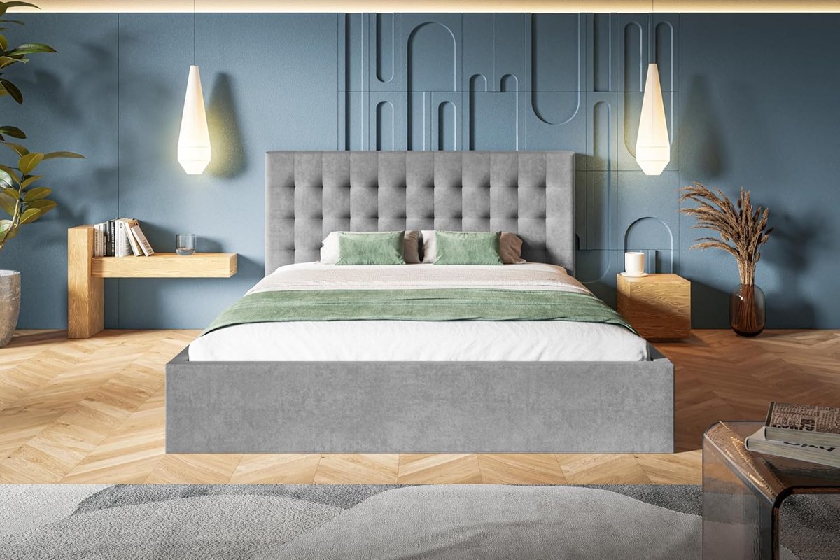 Gestoffeerd Tweepersoonsbed met Opbergruimte & Lattenbodem 180x200 cm – Modern Polsterbed met Bedkist – Zachte Jasmine Stof Grijs – Rio Luxe Grey – Pauwhome