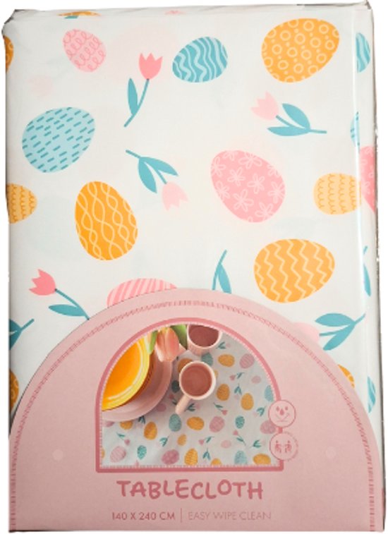 Lente Tafelkleed – 140x240 cm | Wit met gekleurde Eieren en Tulpen | Afwasbaar Easy Wipe Tafelkleed – Pasen Tafeldecoratie – Waterafstotend