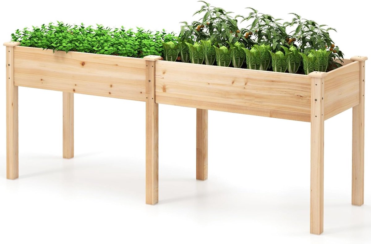 KOMFOTTEU Houten verhoogde plantenbak met 8 afwateringsgaten, verhoogde tuinbak met scheidingswand, kruidenbak voor op het balkon, plantenbak van dennenhout voor groenten, bloemen en fruit, 184 x 58 x 77 cm (naturel)