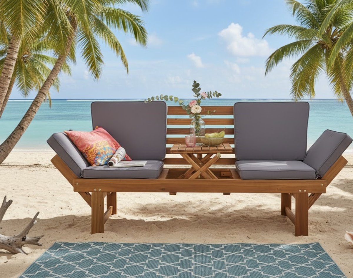 Multifunctionele Houten Tuinbank Acacia met Kussens | Verstelbare Lounger en Opklapbare Tafel | 2-Zits Loungebank voor Buiten | Modern Design | House&Garden