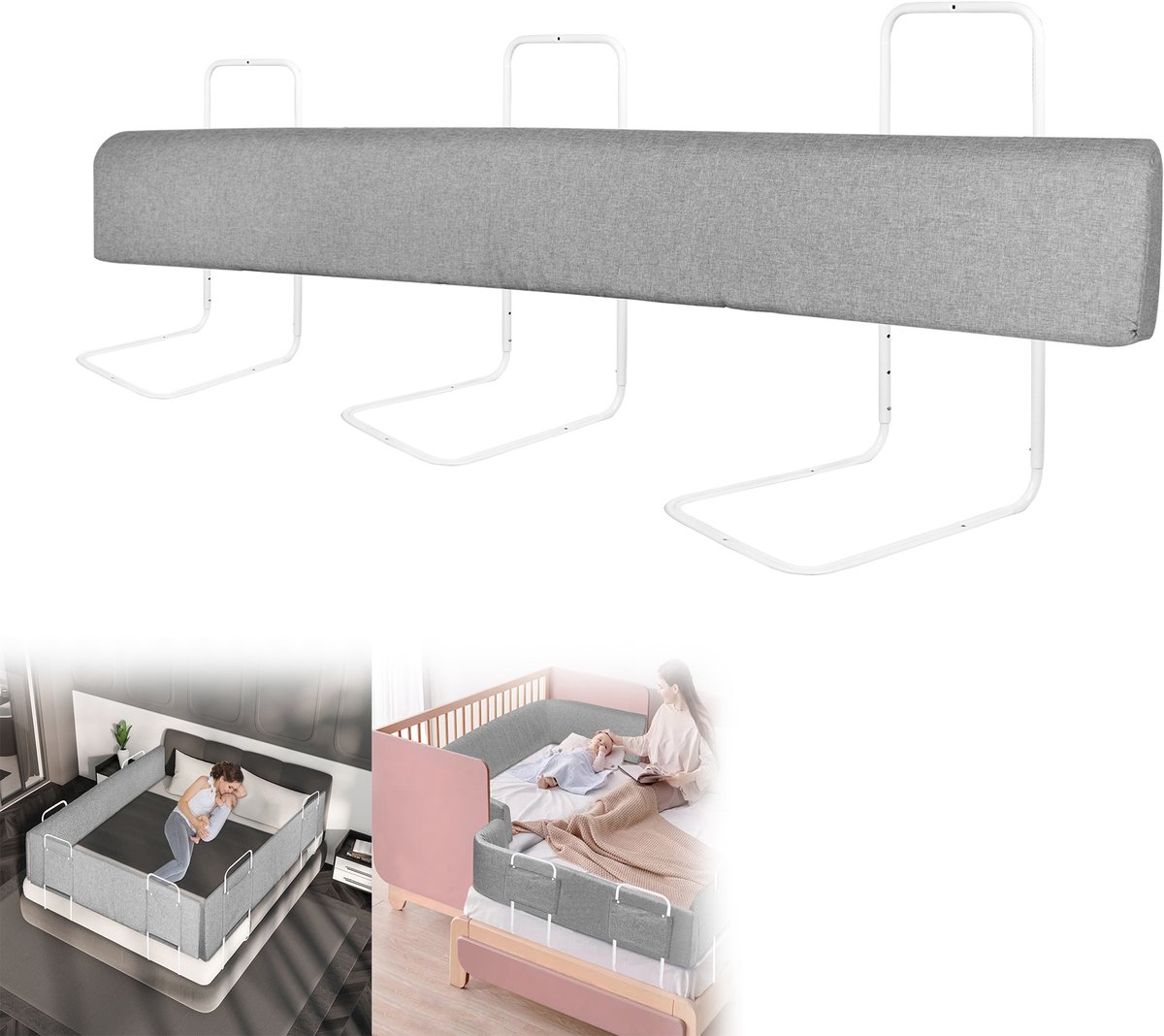 Froadp 200 cm bedhek, bedhek, valbeveiliging voor kinderen, in hoogte verstelbaar, zelf vervormbare bedrandbescherming, 5-gats bed, kinderbedhek, veiligheidsreling voor baby, linnen, grijs (1 stuk)