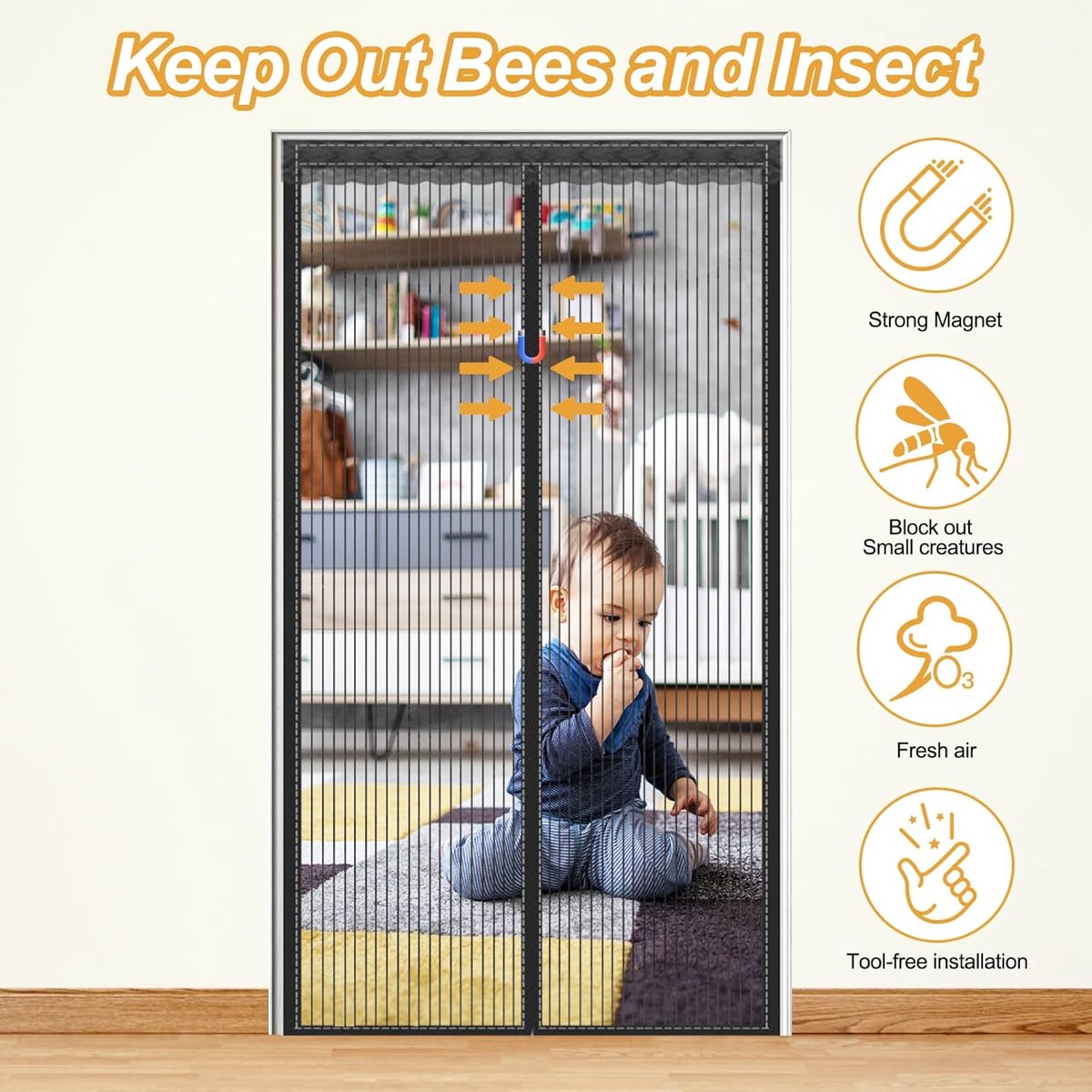 Candala Magnetisch vliegengaas voor deur, 120 x 220 cm, vliegengordijn zonder boren, insectenbescherming, gordijn met klittenband, magnetisch muggennet voor balkondeur, terrasdeur, woonkamer
