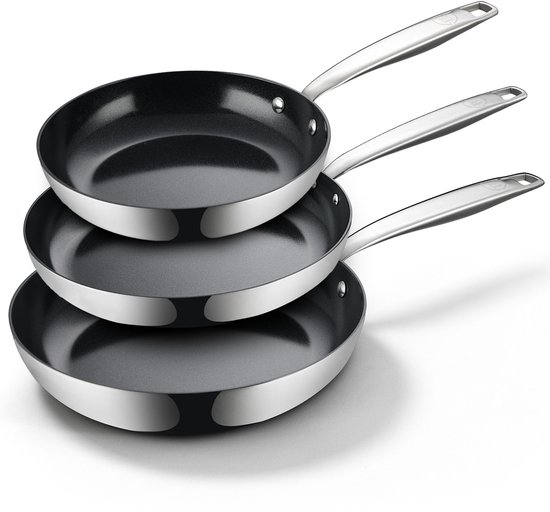 BE Living RVS Koekenpannenset - Ø 20, 24 & 28 cm - Keramisch - Inductie Pannen - PFAS Vrij Anti Aanbak - Bakpan - Essential Series