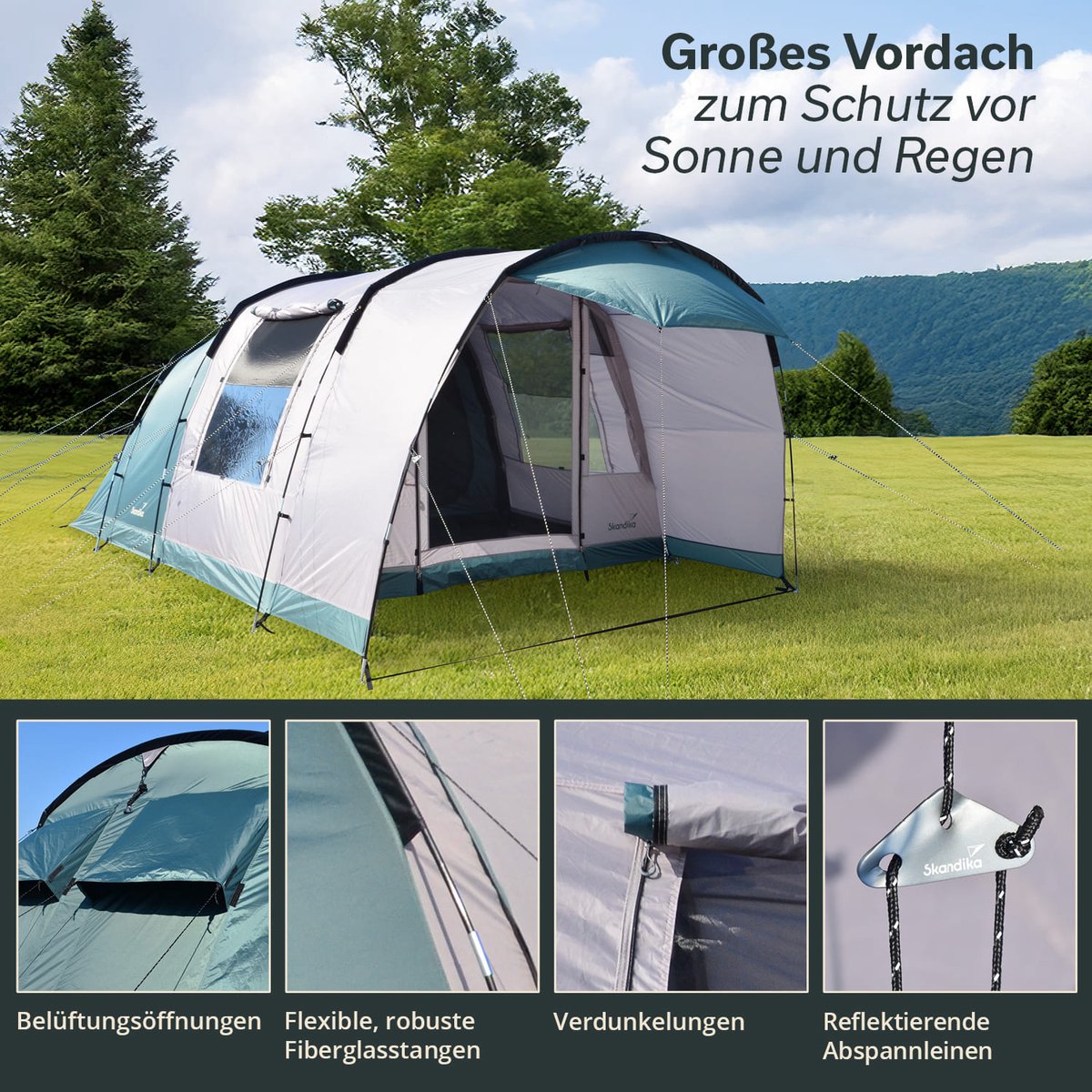 Skandika tunneltent Hafslo 4 Sleeper Protect - Tent voor camping, 4 personen, waterdicht, met ingenaaide tentvloer, 5000 mm waterkolom, voortent en donkere slaapcabine | Tent, familietent – foto 6