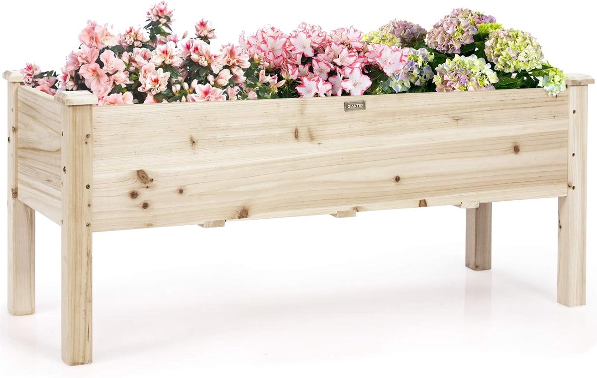 KOMFOTTEU Verhoogd bloembed met plank, bloembed met afvoergaten, kruidenbed van massief hout, 100 kg belastbaar, tuinbed voor tuin, balkon, terras, 120 × 43,5 × 51 cm