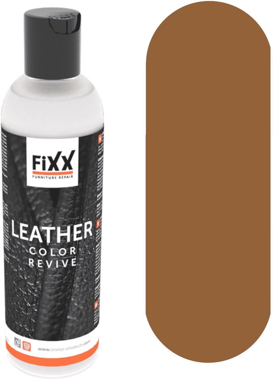 Fles FIXx LEATHER COLOR REVIVE, meubelonderhoudsmiddel in lichtbruin.