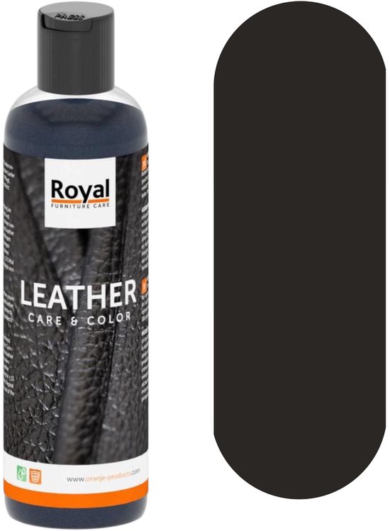 Fles zwarte lederverzorging naast een zwart kleurstaal.