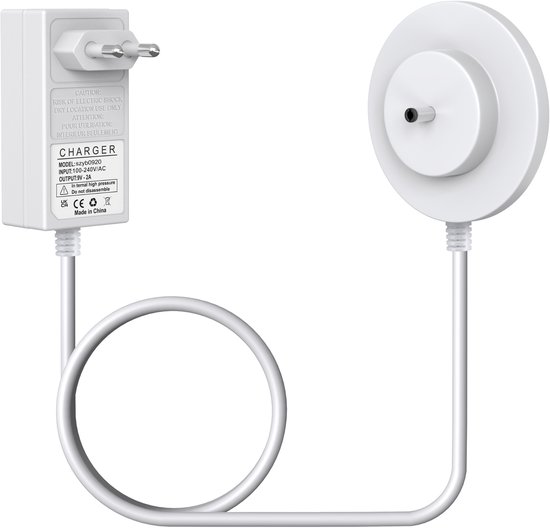Chargeur blanc avec câble de 1,80 m, prise et base ronde. Modèle szybq0920.