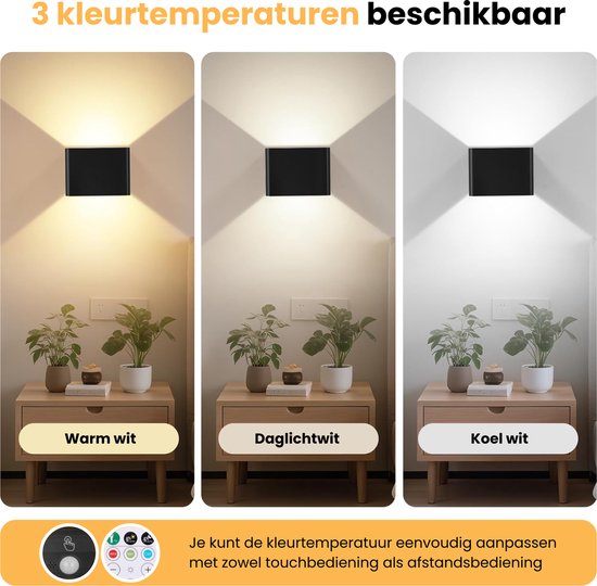 Drie zwart vierkante wandlampen tonen de verschillende kleurtemperaturen: warm wit, daglichtwit en koel wit.