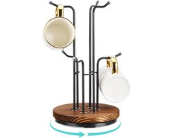 Mokkenrek - Mokkenboom - Mokken houder - Mokken standaard - Keukenopbergrek - Koffiekopjesorganizer - Draaibare voet - Aanrecht koffiekopjeshouder met 6 haken - Opbergrek voor kopjes - Zwart