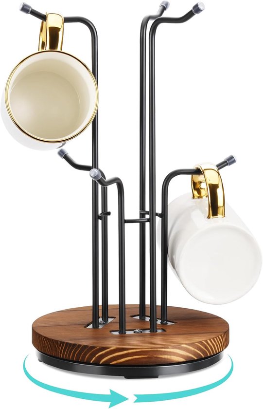 Mokkenrek - Mokkenboom - Mokken houder - Mokken standaard - Keukenopbergrek - Koffiekopjesorganizer - Draaibare voet - Aanrecht koffiekopjeshouder met 6 haken - Opbergrek voor kopjes - Zwart