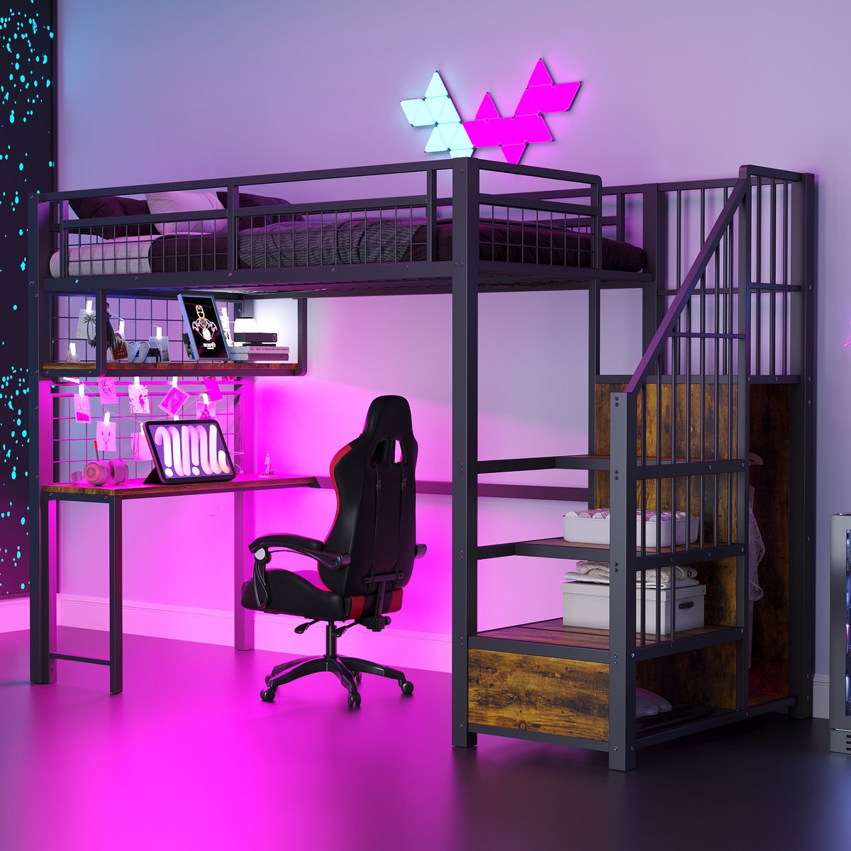 Clruro Hoogslaper - 90x200 cm - Bed met Bureau en Kast - LED, Oplaadpunt en Planken - Metaal - Zwart
