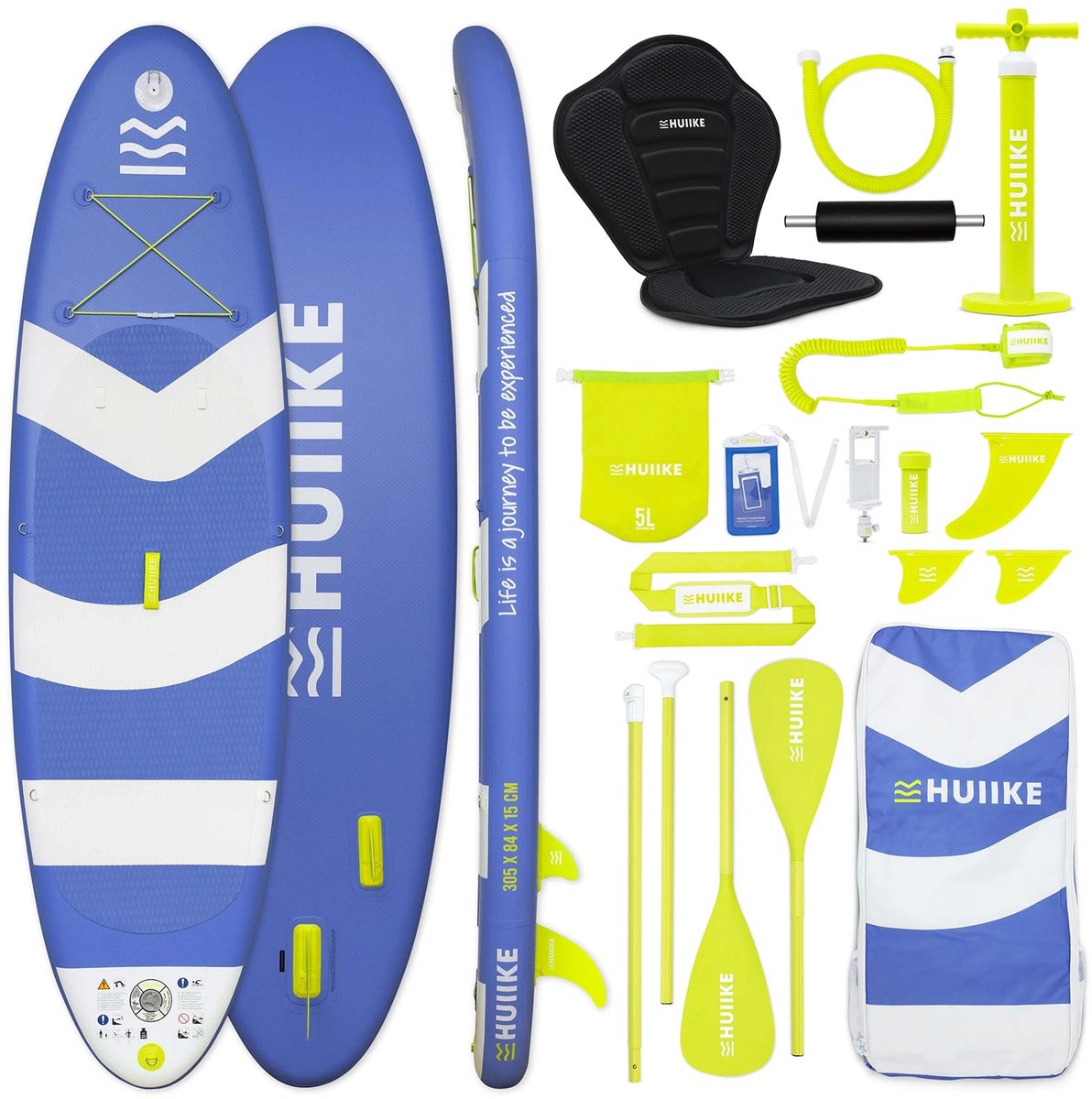 HUIIKE SUP Board - Opblaasbaar Paddle Board met Accessoires, Peddel, Vinnen, Pomp - Stand Up Paddle met Hoge Stabiliteit - 305 x 84 x 15 cm - Max. 130 kg