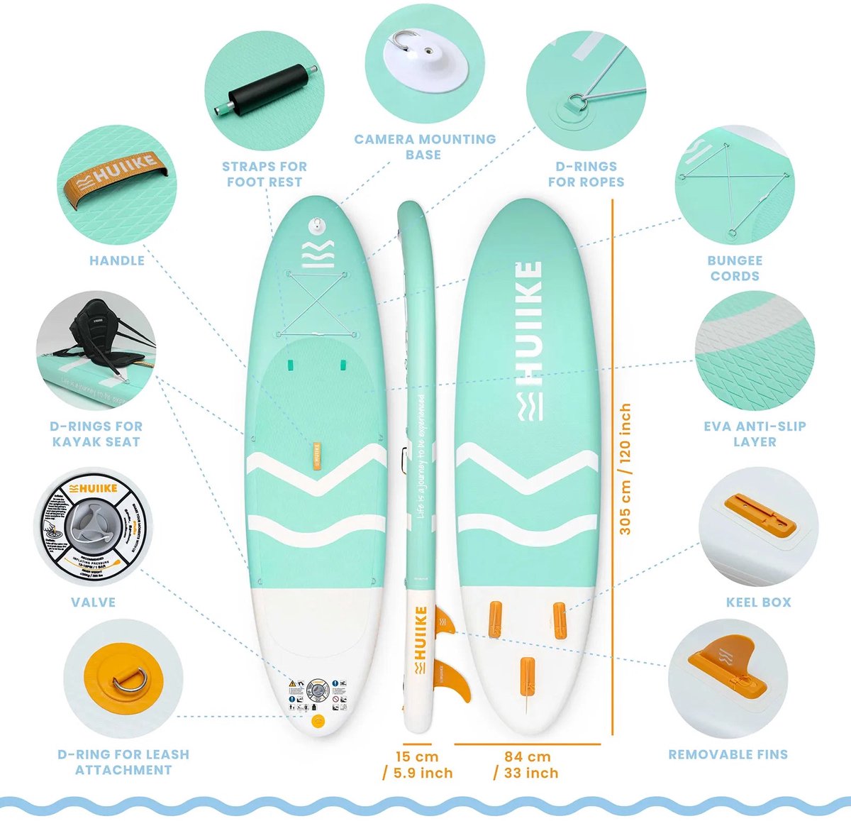 HUIIKE SUP Board - Opblaasbaar Paddle Board met Accessoires, Peddel, Vinnen, Pomp - Stand Up Paddle met Hoge Stabiliteit - 305 x 84 x 15 cm - Max. 130 kg – foto 3