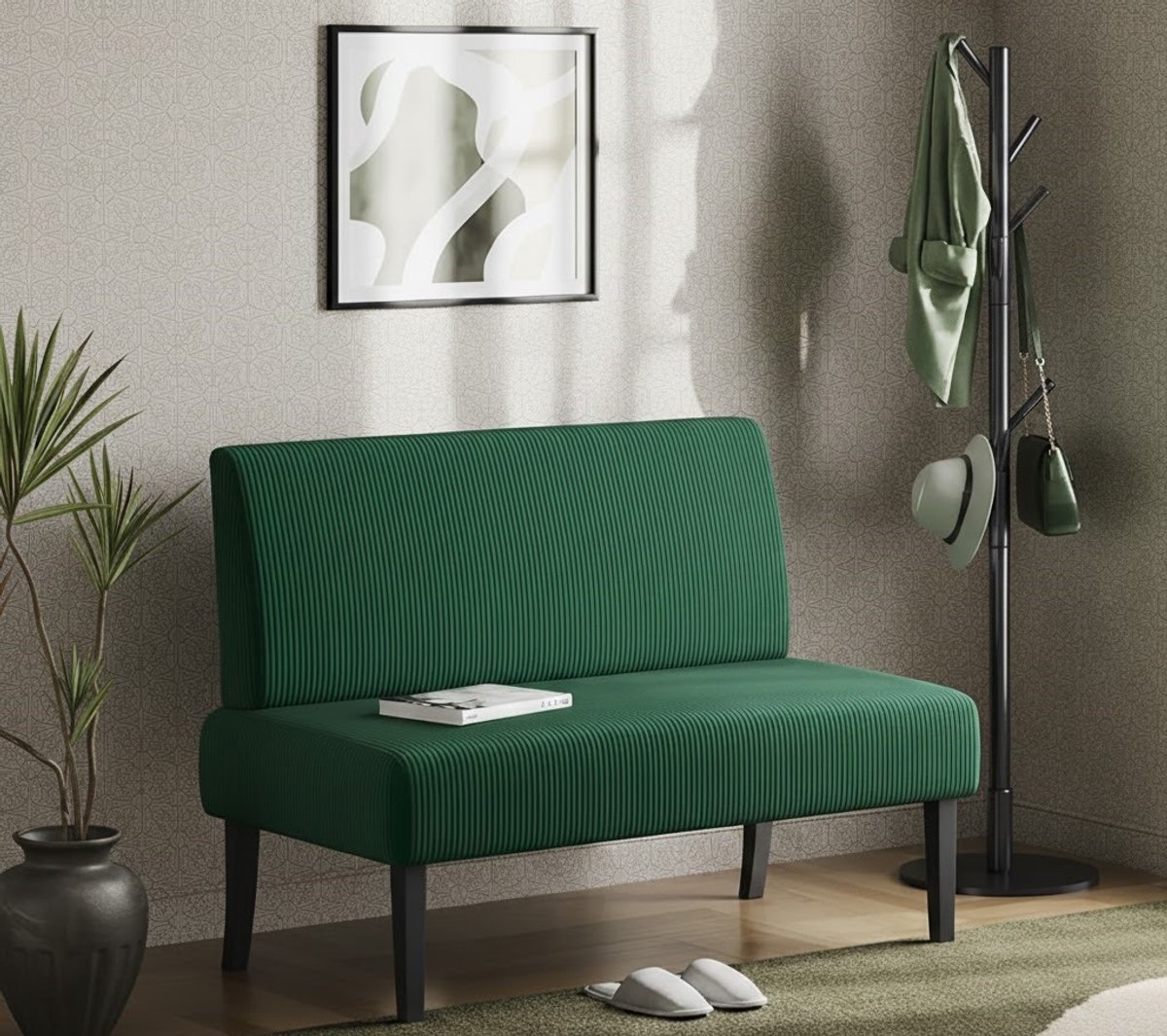 Velvet 2-Zits Loveseat Bank | Gestoffeerde Corduroy Sofa Zonder Armleuningen | Compacte Moderne Tweezitsbank voor Woonkamer, Slaapkamer, Entree of Kantoor | Comfortabel & Duurzaam | Groen UrbanHome