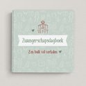 Zwangerschapsdagboek 'Een buik vol verhalen' met babysilhouetten en mobiel in mintgroen.