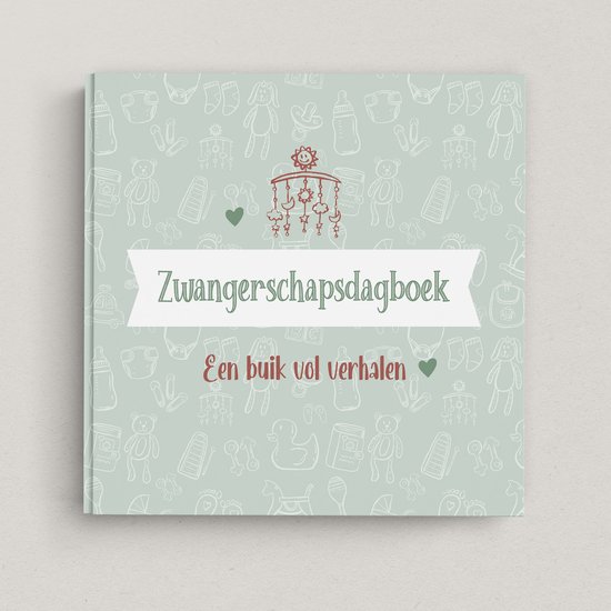 Zwangerschapsdagboek 'Een buik vol verhalen' met babysilhouetten en mobiel in mintgroen.
