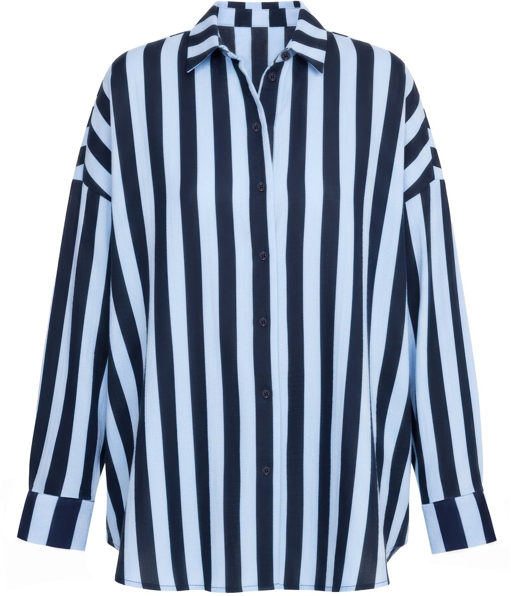 Studio Untold - Dames - Overhemdblouse oversized mousseline strepen lange mouw - Marine - Maat 50+
