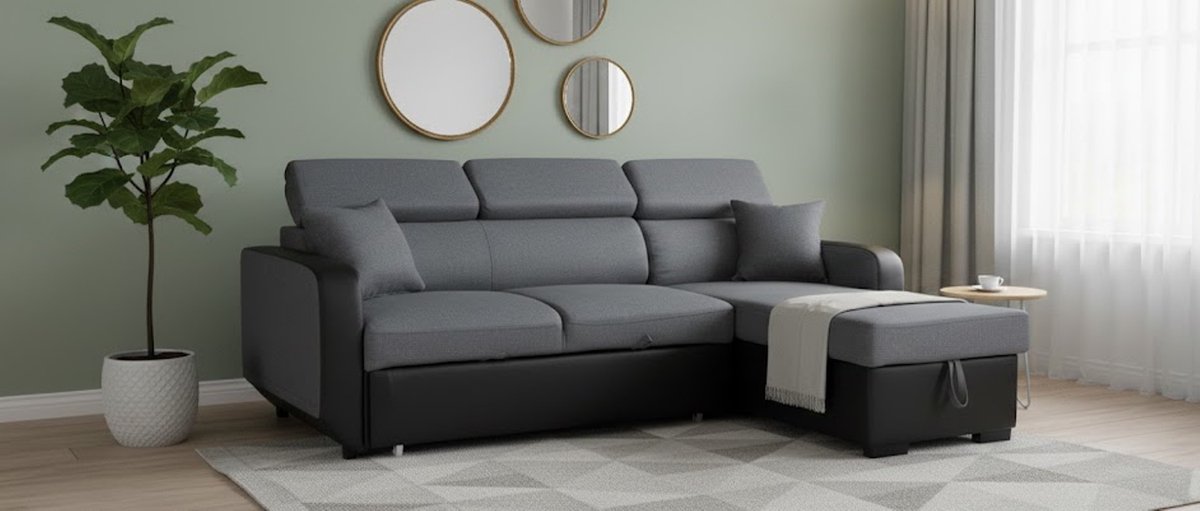 Warren Luxe Hoek Slaapbank 3-Zits – Omkeerbaar Bankbed met Opbergruimte, Verstelbare Hoofdsteunen – Grijs/Zwart Stof & Imitatieleer UrbanHome