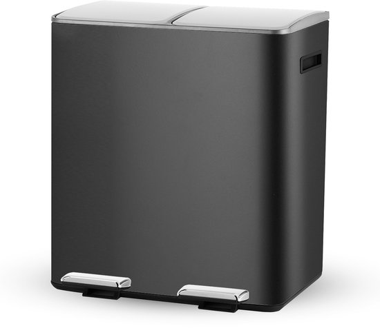 Bayt Prullenbak - Prullenbak 60 Liter (2x30) - Vuilnisbak 60 Liter - Pedaalemmer 60 Liter - Prullenbak Afvalscheiding - Prullenbak 2 Vakken - Afvalbak - RVS - Zwart/Zilver
