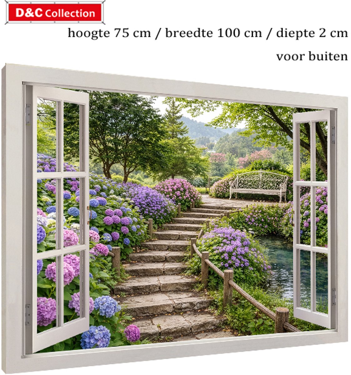 D&C Collection Tuinposter doorkijk met bloemen - op houten frame - 75x100x2 cm - modern wit venster - hortensia trap - pad - tuindoek met uitzicht op romantisch bankje - vijver paars, groen