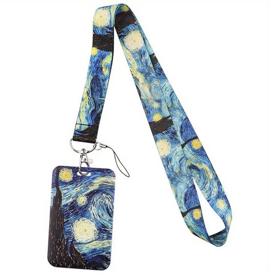 Dragonne avec porte-badge, imprimée de la 'Nuit étoilée' de Van Gogh en bleu, jaune et noir.